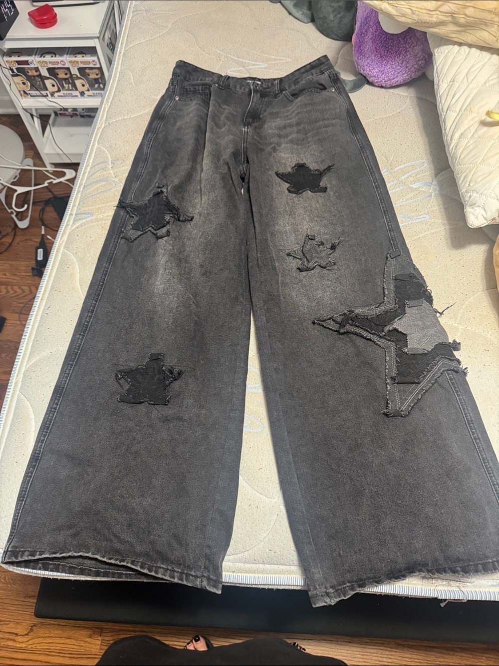 Wide Gray Jeans with Star Patches